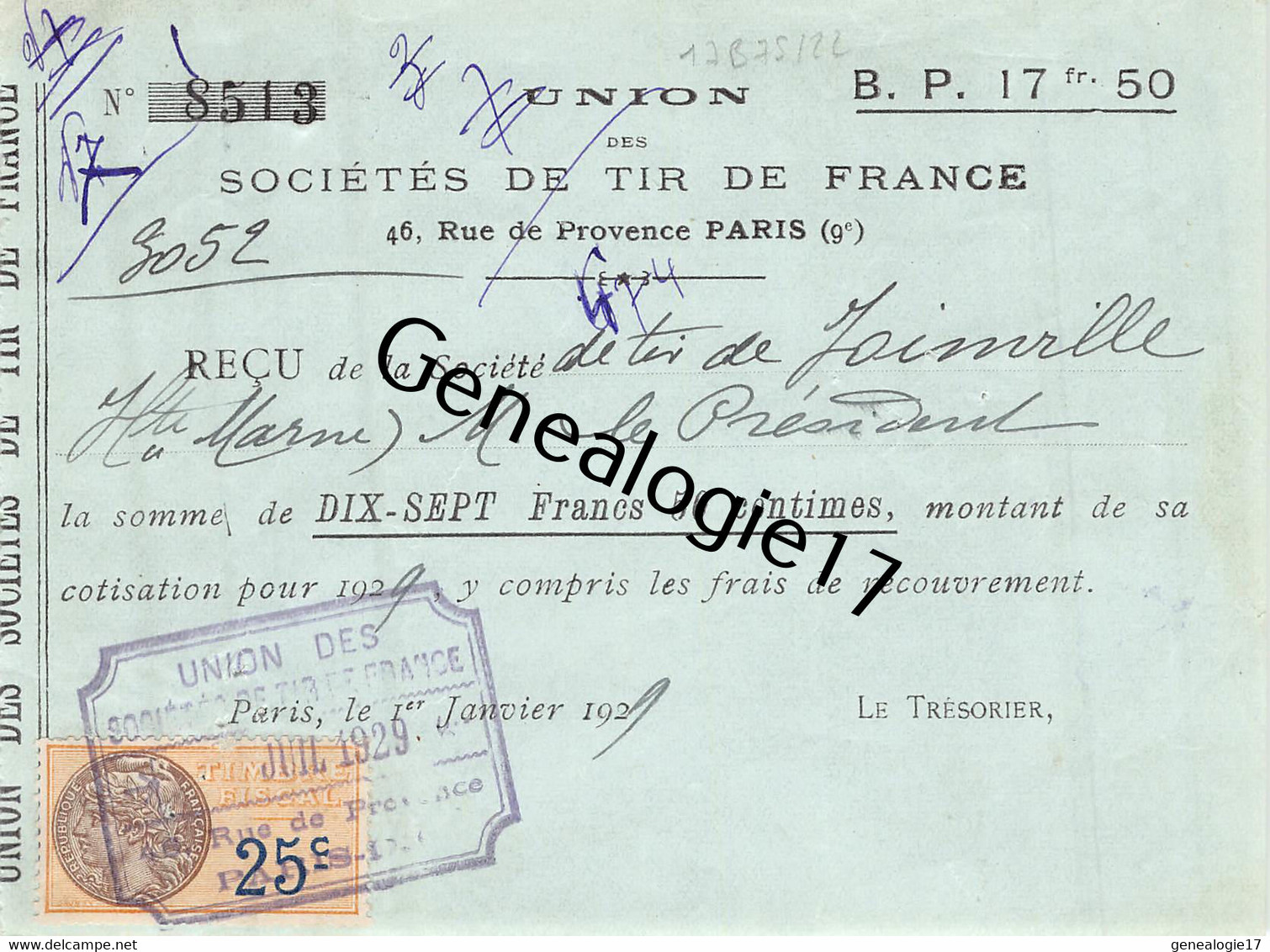 75 22452 PARIS SEINE 1929 SOCIETES DE TIR DE FRANCE ( Arme Armes ) Rue De Provence SOCIETE DE JOINVILLE HAUTE MARNE - Tir à L'Arc