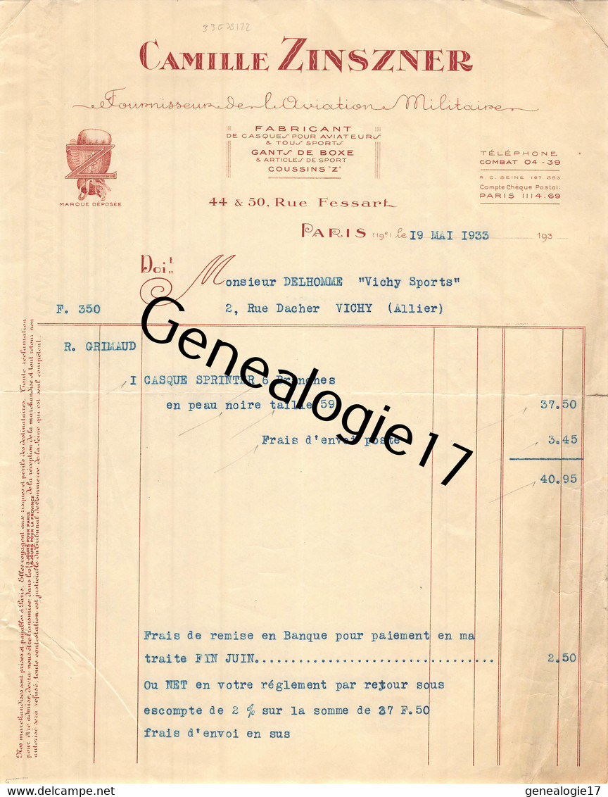 75 22468 PARIS SEINE 193  Fournisseur Aviation Miltaire De Casque Aviateurs CAMILLE ZINSZNER Gants De Boxe Rue Fessart - Aviazione