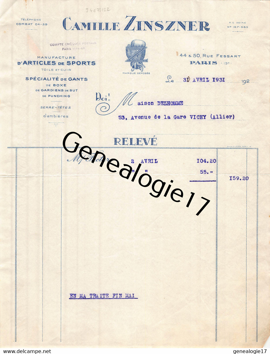 75 22469 PARIS SEINE 1930 Gants De Boxe CAMILLE ZINSZNER Gardiens De But De Punching Rue Fessart - Altri & Non Classificati