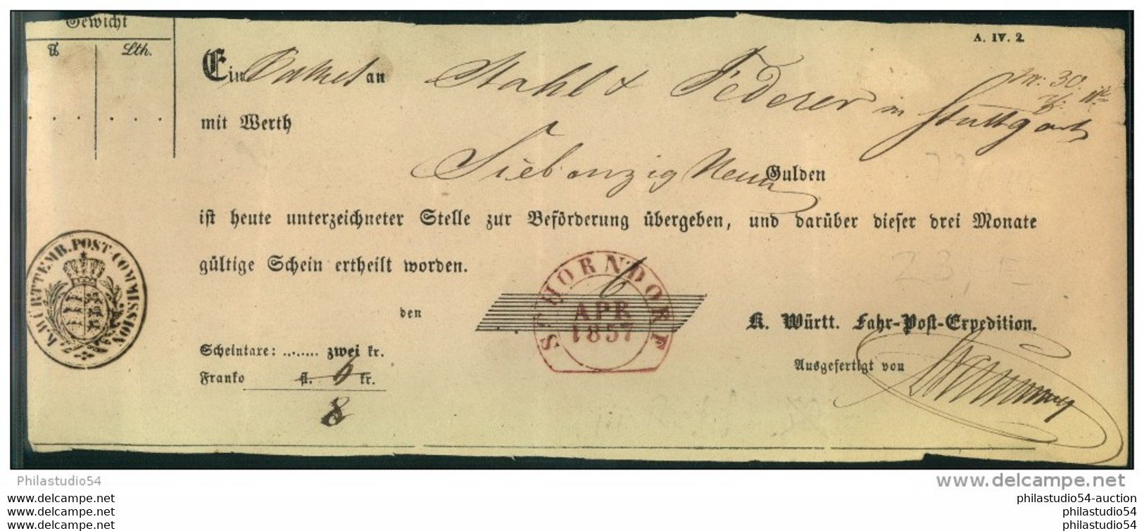 1857: SCHORNDORF, Roter (!) Steigbügelstempel Auf Fahrpost-Schein - In Rot Ist Dieser Stempel Nicht Registriert. - Cartas & Documentos