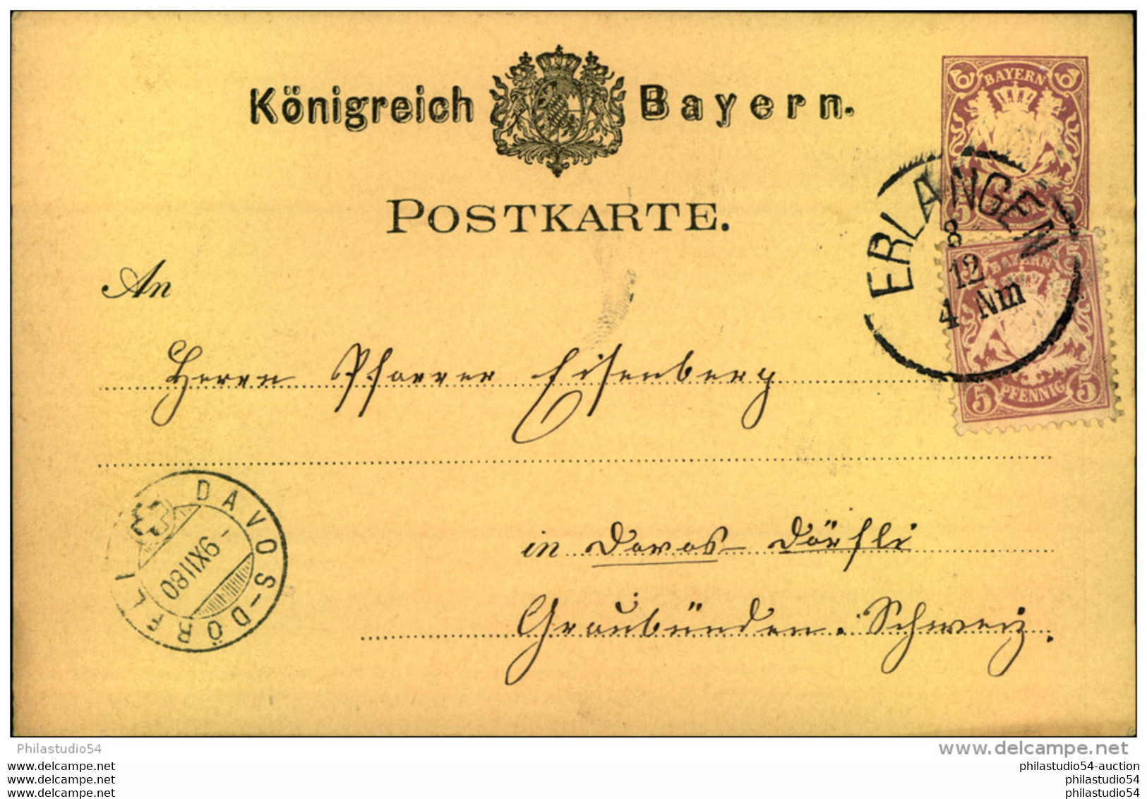 1880, Seltene Wert- Und Bildgleiche Frankatur Mit 5 Pfg. Wappen Auf 5 Pfg. Wappen-GSK Ab ERLANGEN Nach Dacos-Dörfli. Bes - Enteros Postales