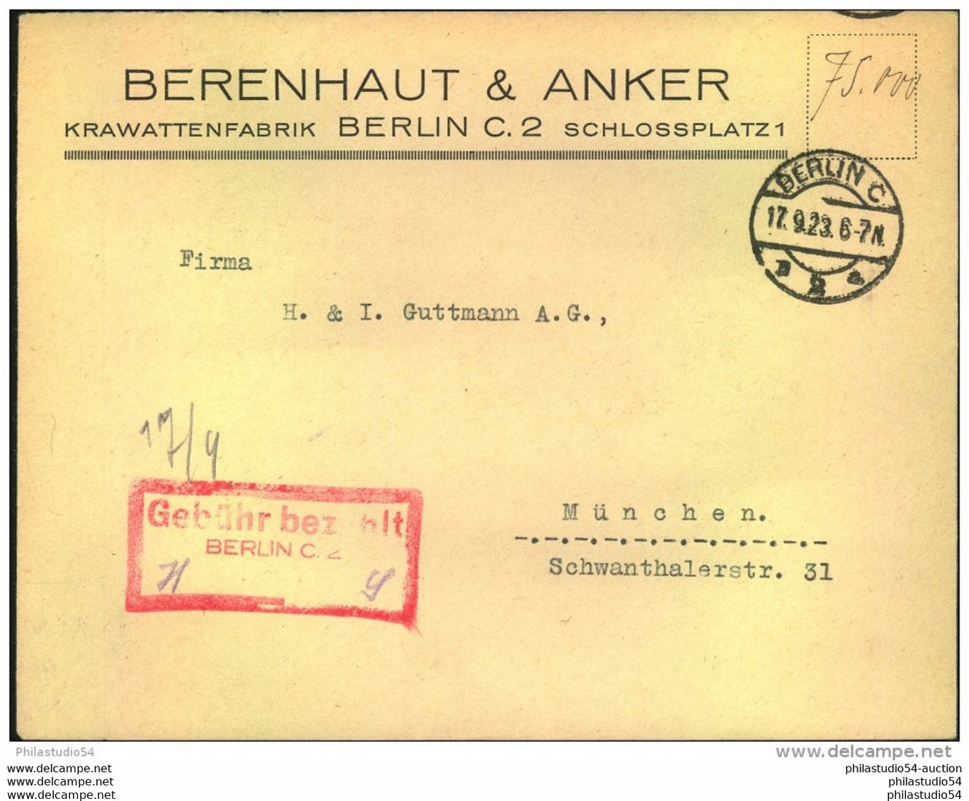 1923, Dienstbrief Mit Seltenem "Gebühr Bezahlt" 17.9.23, BERLIN C 2 - Sonstige & Ohne Zuordnung