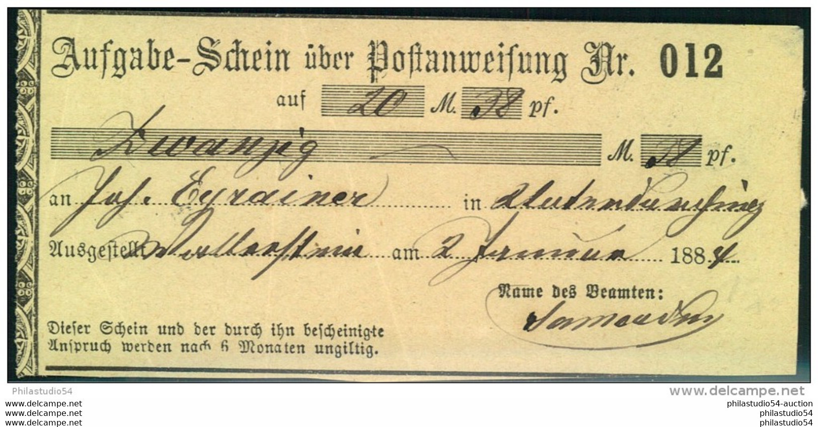 1884, Aufgabeschein Für Eine Postanweisung WALLENSTEIN - Covers & Documents