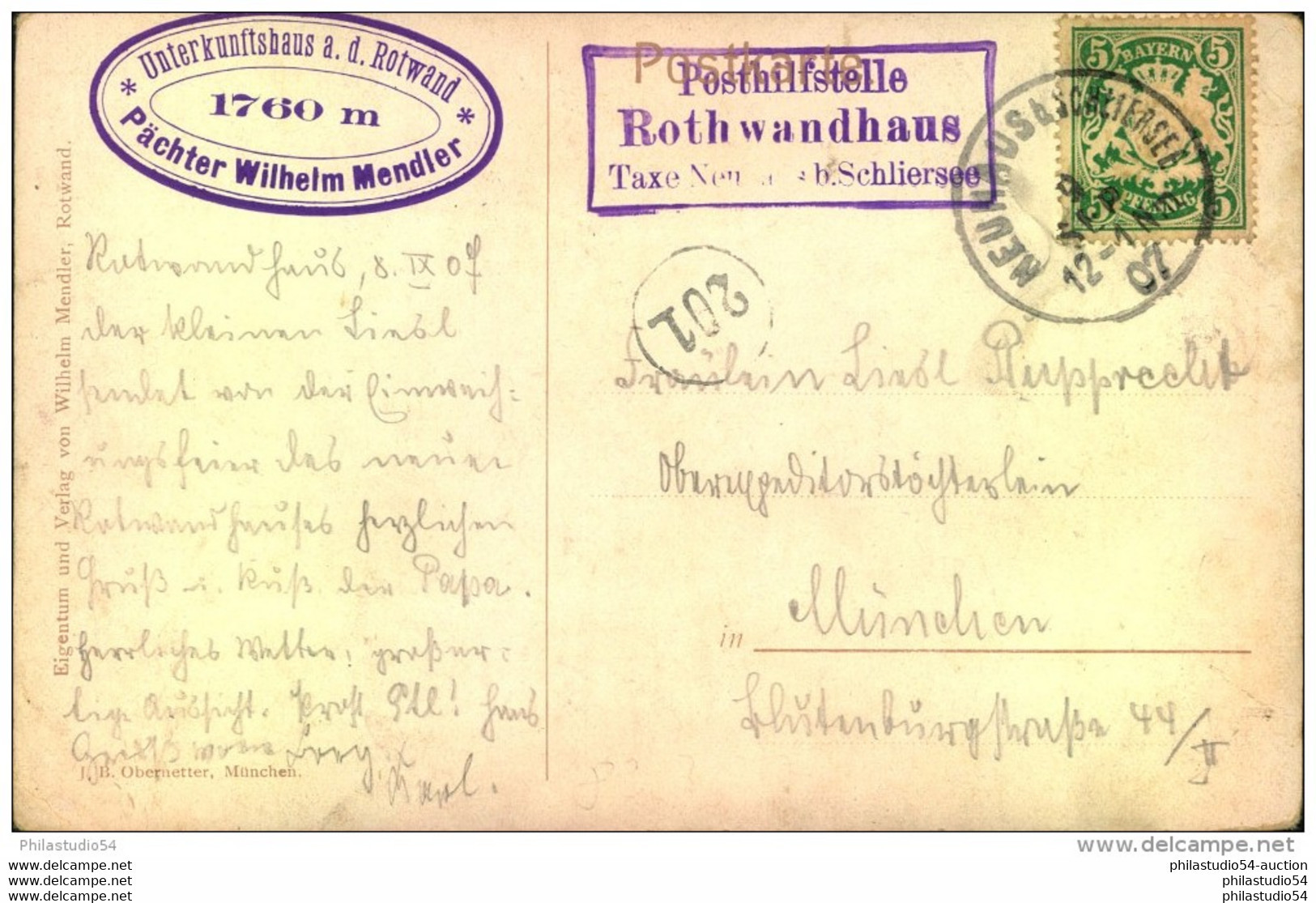 Posthilfsstellenstempel  Rothwandhaus ; NEUHAUS B. SCHLIERSEE 1907 - Storia Postale