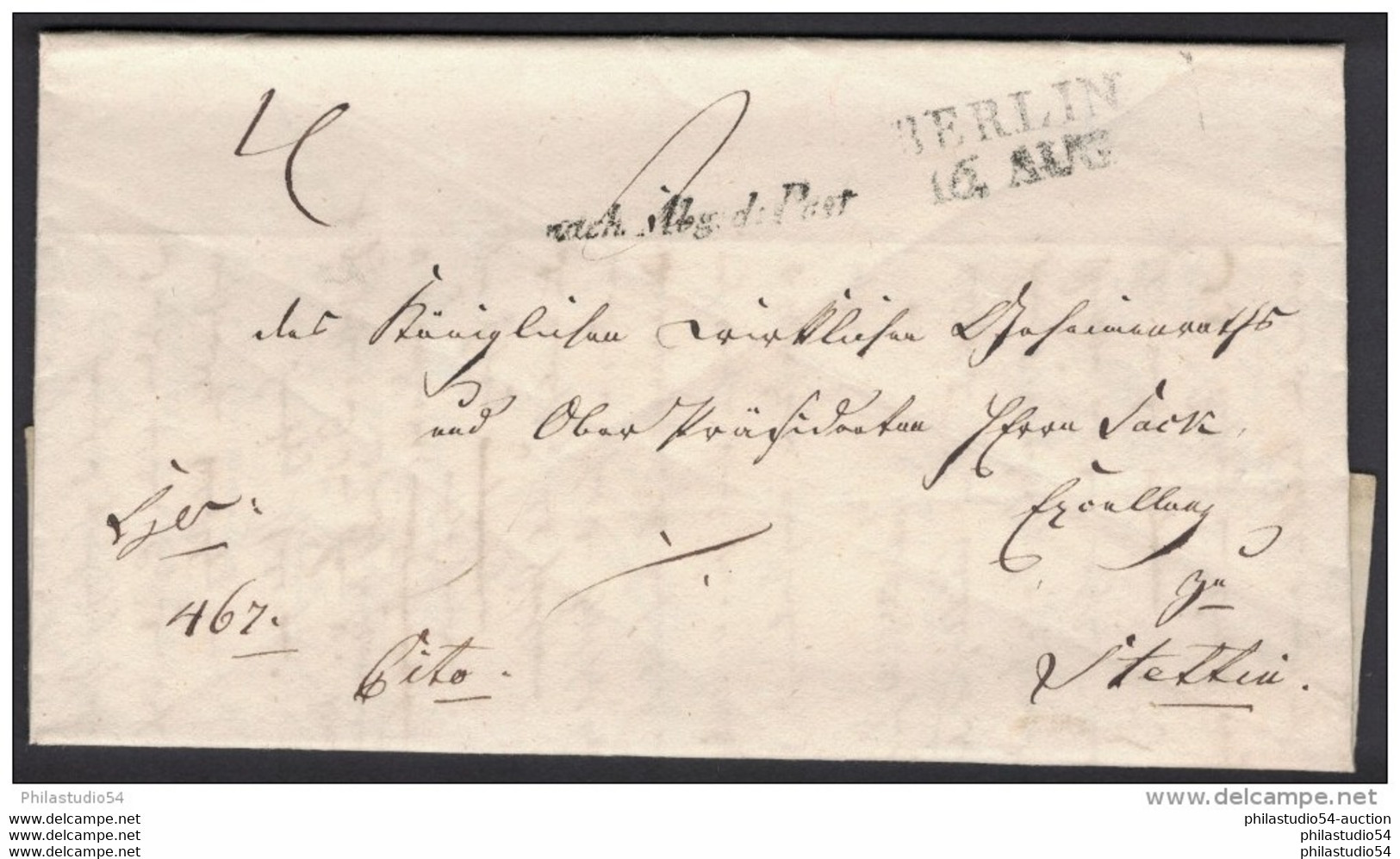 1826, Dienstbrief BERLIN " Nach Abg. D. Post" Nach Stettin. Seltenerer Nebestempel - Franking Machines (EMA)