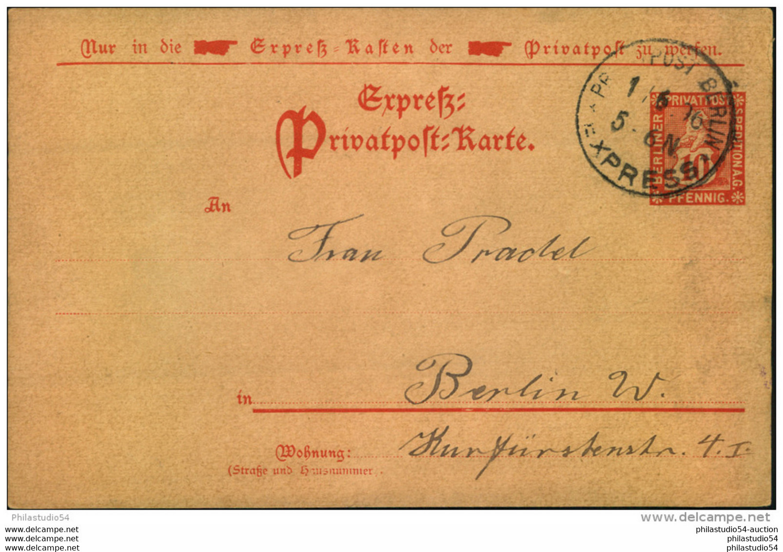 1916, BERLINER PRIVATPOST SPEDITION A.G, 10 Pfg. Expresskarte, Spät Bedarfsgebaucht. - Privatpost