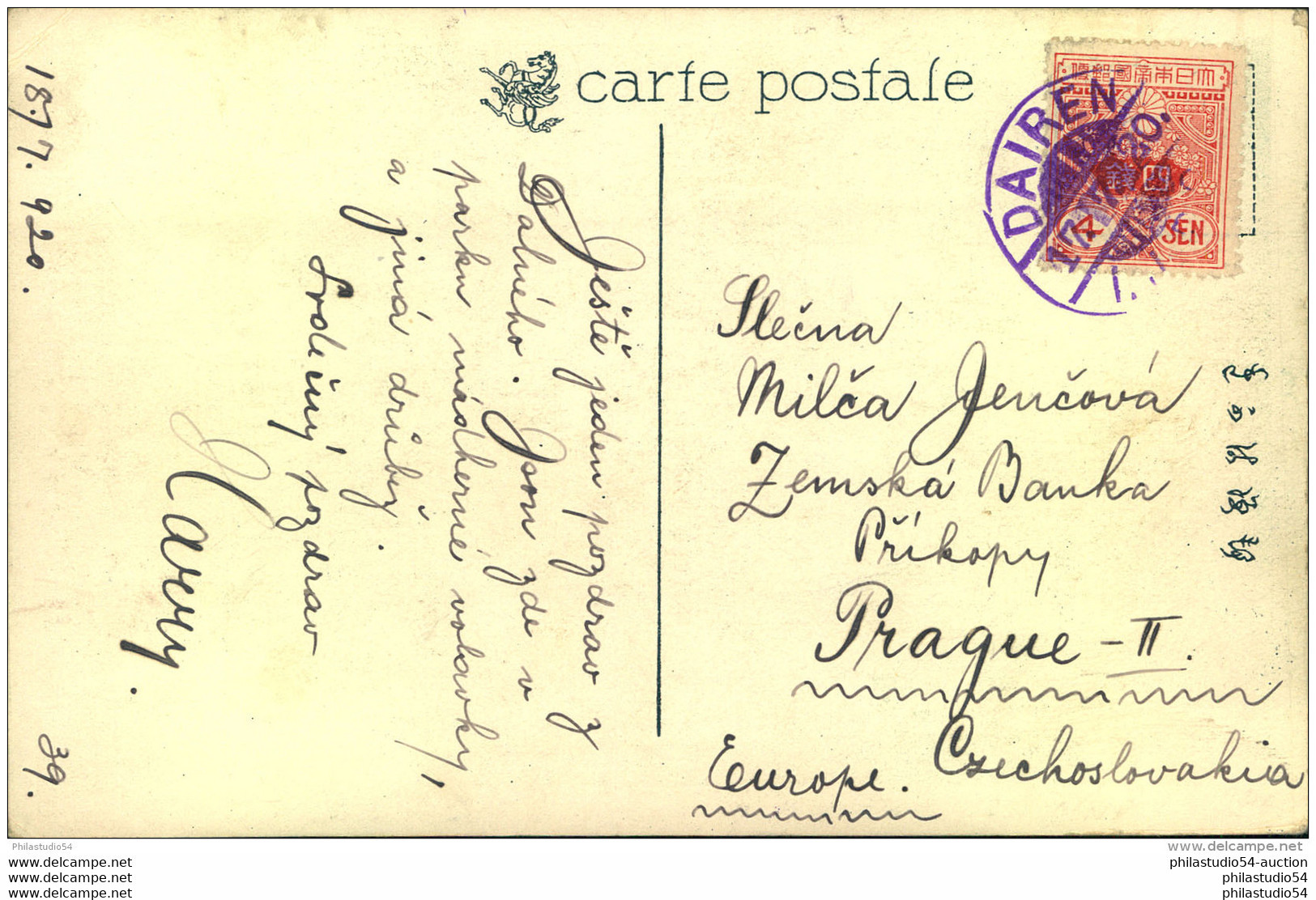 1920, Picture Postcard Sent With 4 Sen And DAIREN I.J.P.O. Postmark To Prague. - 1932-45 Manciuria (Manciukuo)
