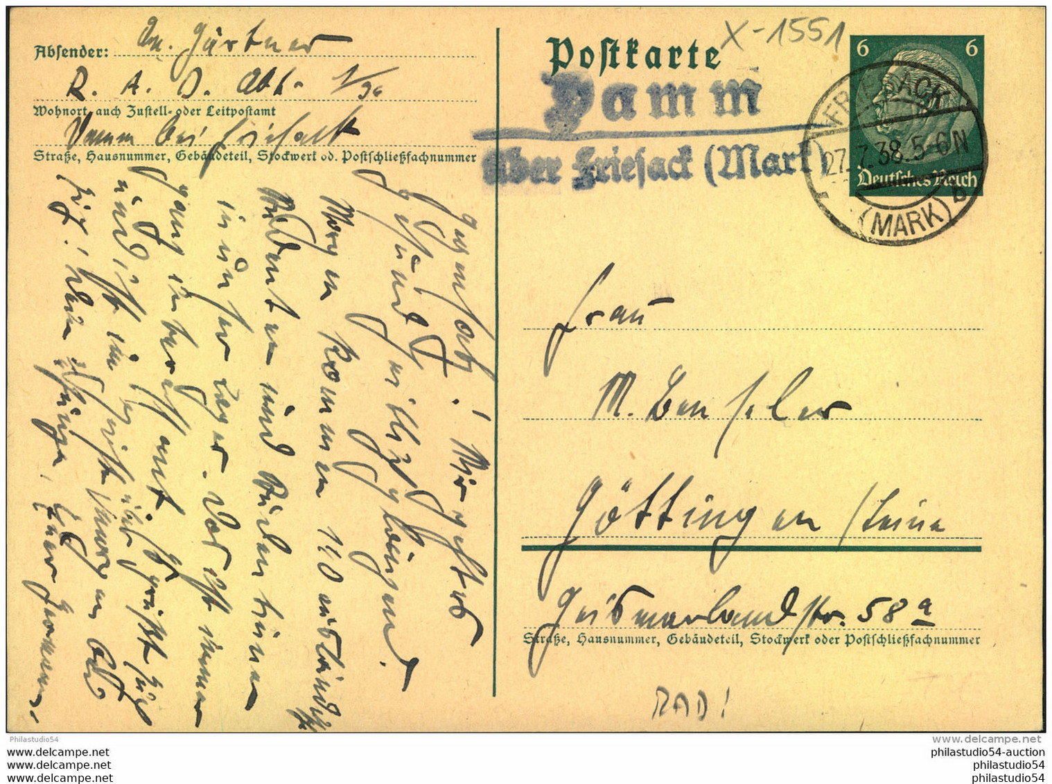 1938, Ganzsachenkarte Mit Posthilfsstellenstempel ""Damm über Friesack (Mark)"". Absender Reichsarbeitsdienst. - Máquinas Franqueo (EMA)