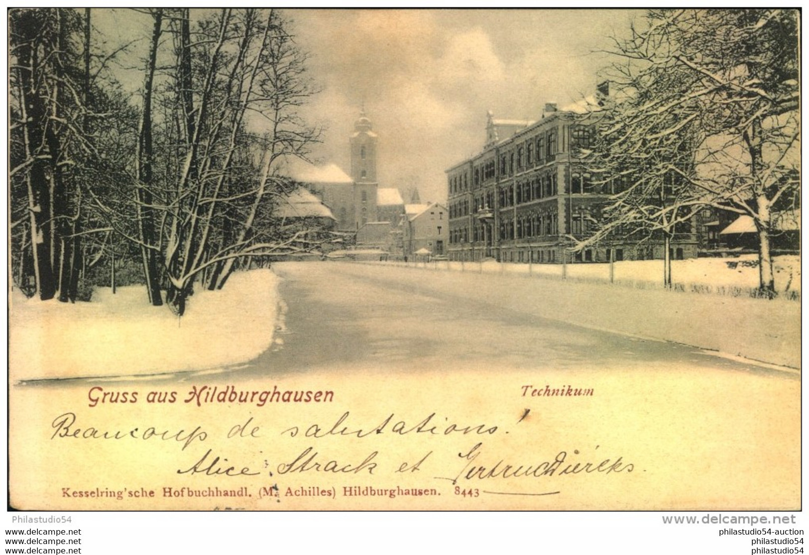 Hildburghausen Gruss Aus ..., 1906, Technikum, Kesselring'sche Hofbuchhandl. (M. Achilles)  S443, Winterlandschaft - Hildburghausen