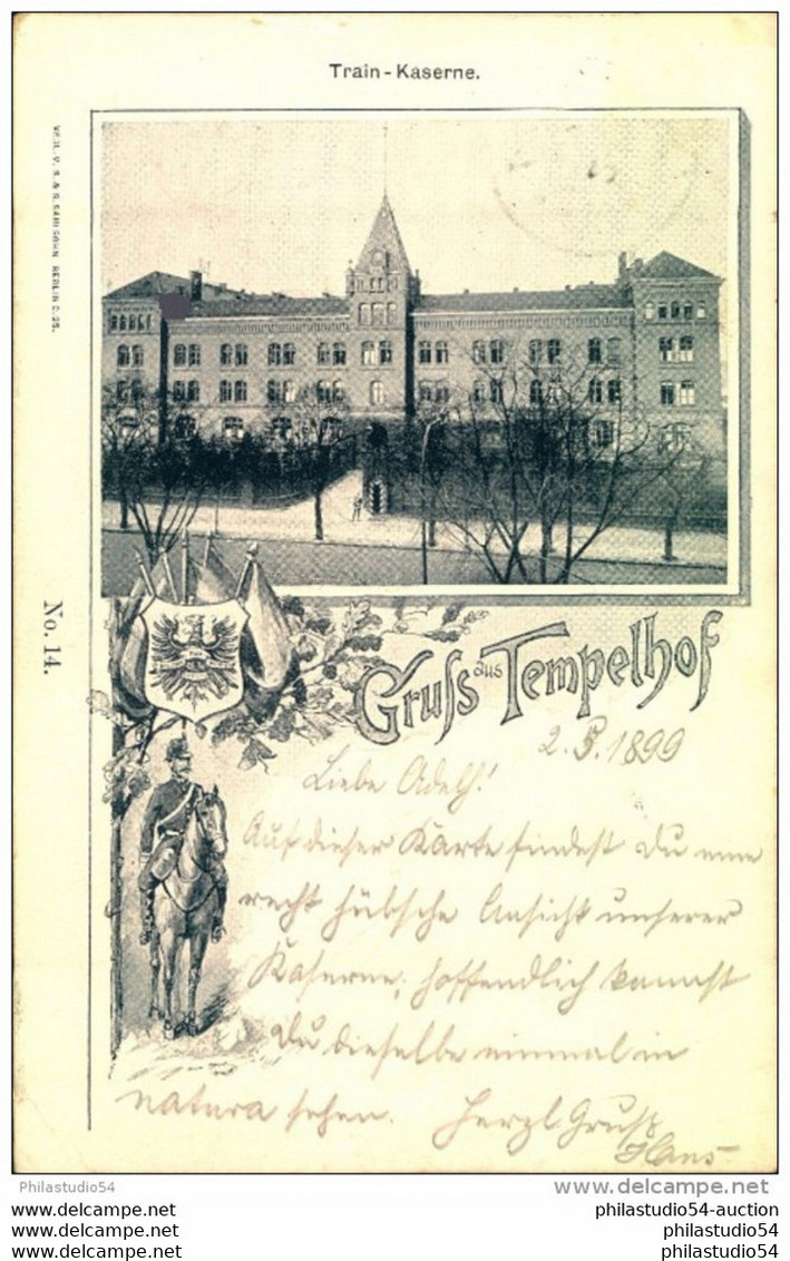 Train - Kaserne, Tempelhof, Gelaufen 1899,  Kl. Eckbug U. Re. - Tempelhof