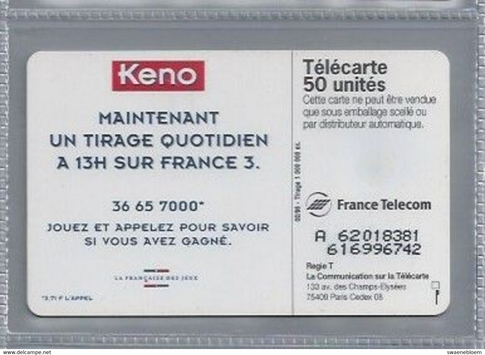 FR.- France Telecom. Télécarte. KENO. A L'EAU !.   50 Unités - Jeux
