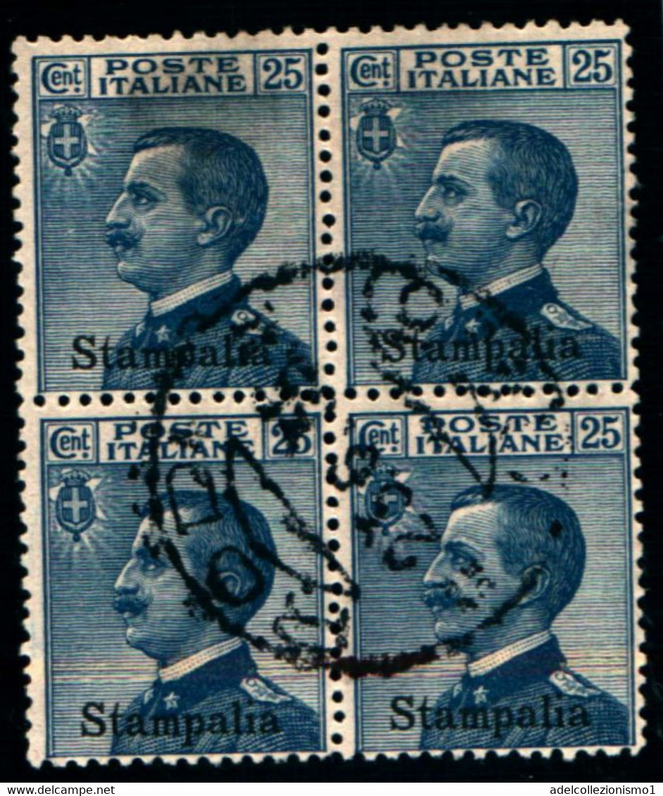 26228) ITALIA-EGEO- 25C.MICHETTI SOPRASTAMPATO  STAMPALIA- IN QUARTINA USATA - Ägäis (Stampalia)