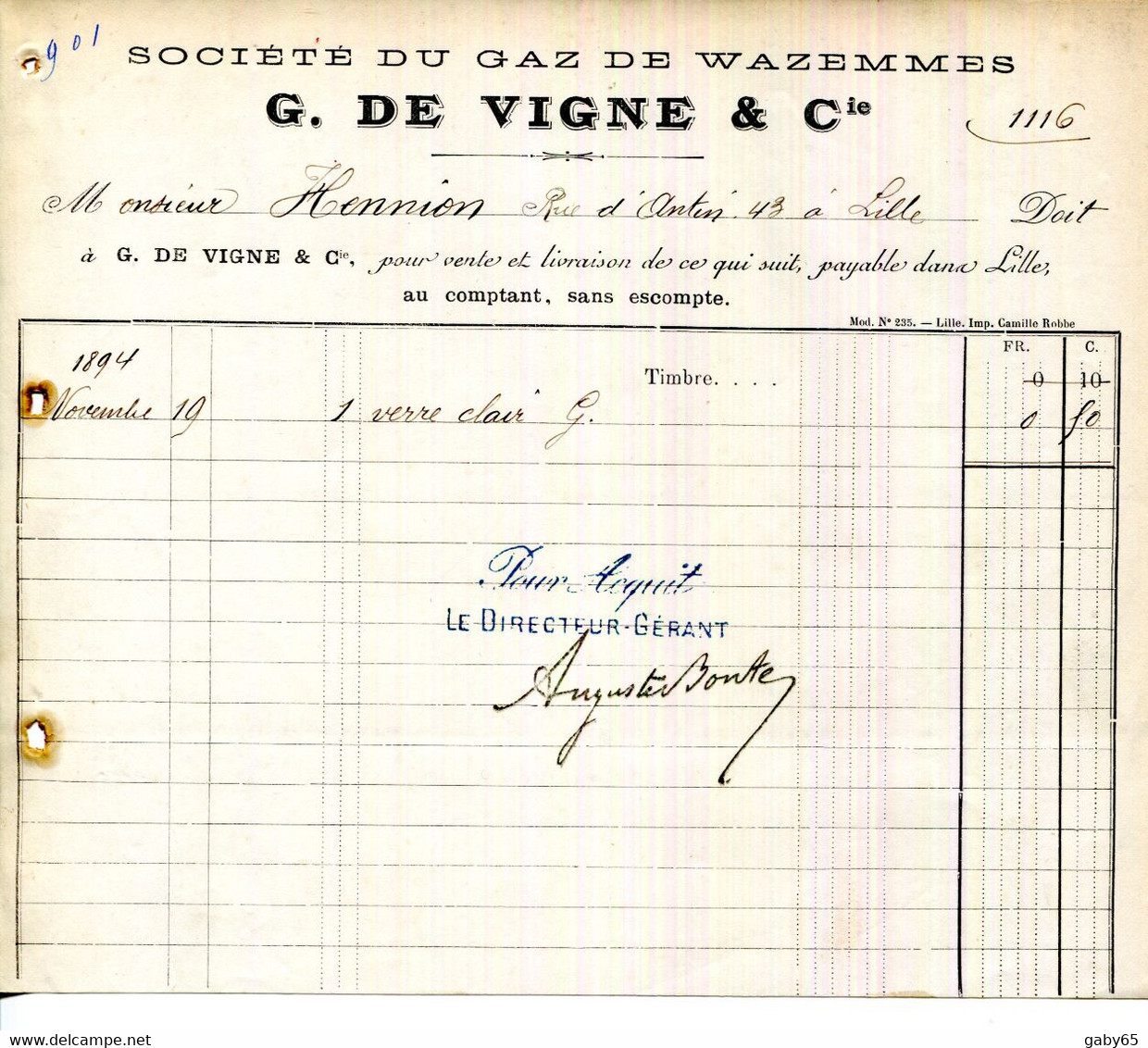 59.NORD.LILLE.SOCIETE DU GAZ DE WAZEMMES.G.DE VIGNE & Cie. - Elektriciteit En Gas