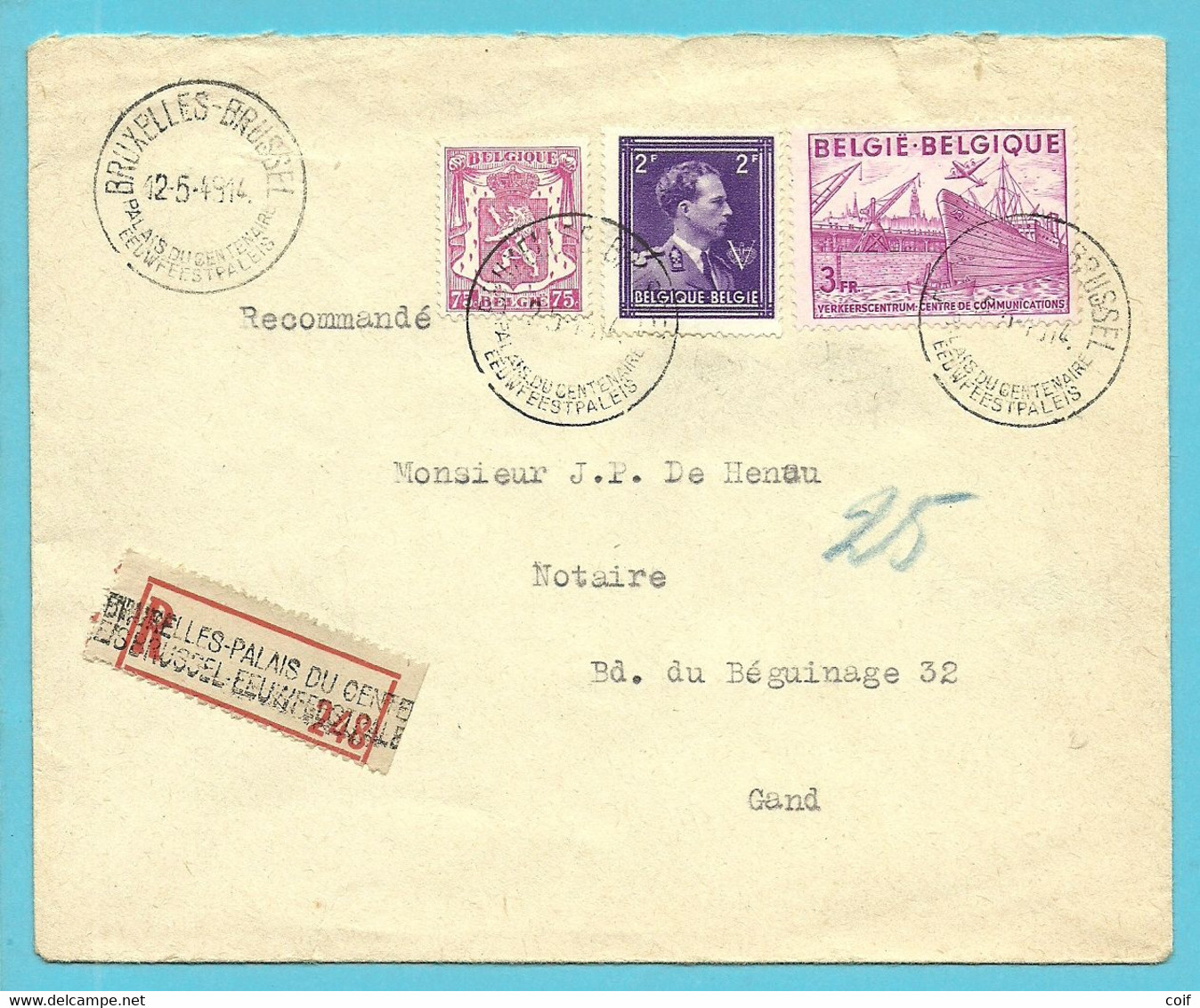 693+713+770 Op Brief Aangetekend Stempel BRUXELLE - PALAIS DE CENTENAIRE - 1948 Export