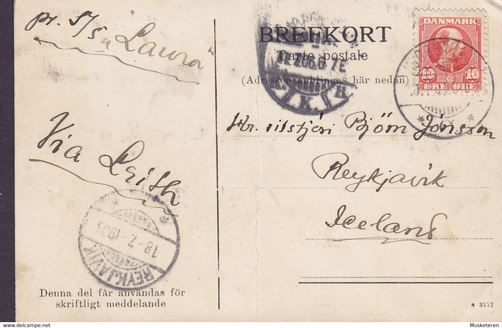 PPC Hälsning Från Kullen Sockertoppen Brotype Ia KJØBENHAVN Ø 1906 Pr. S/S 'Laura' To Björn Jönsson REYKJAVIK Iceland - Covers & Documents