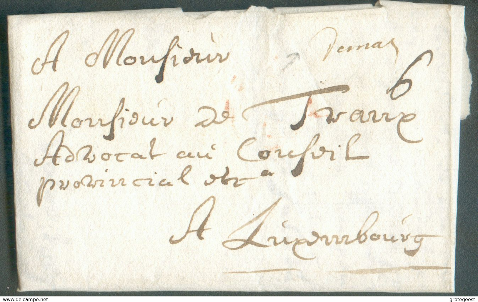LAC De MALINES (griffe Manuscrite DeMal) Du 9 Janvier 1734 Vers L'avocat Du Conseil Provincial De Luxembourg), Port '6' - 1714-1794 (Oesterreichische Niederlande)