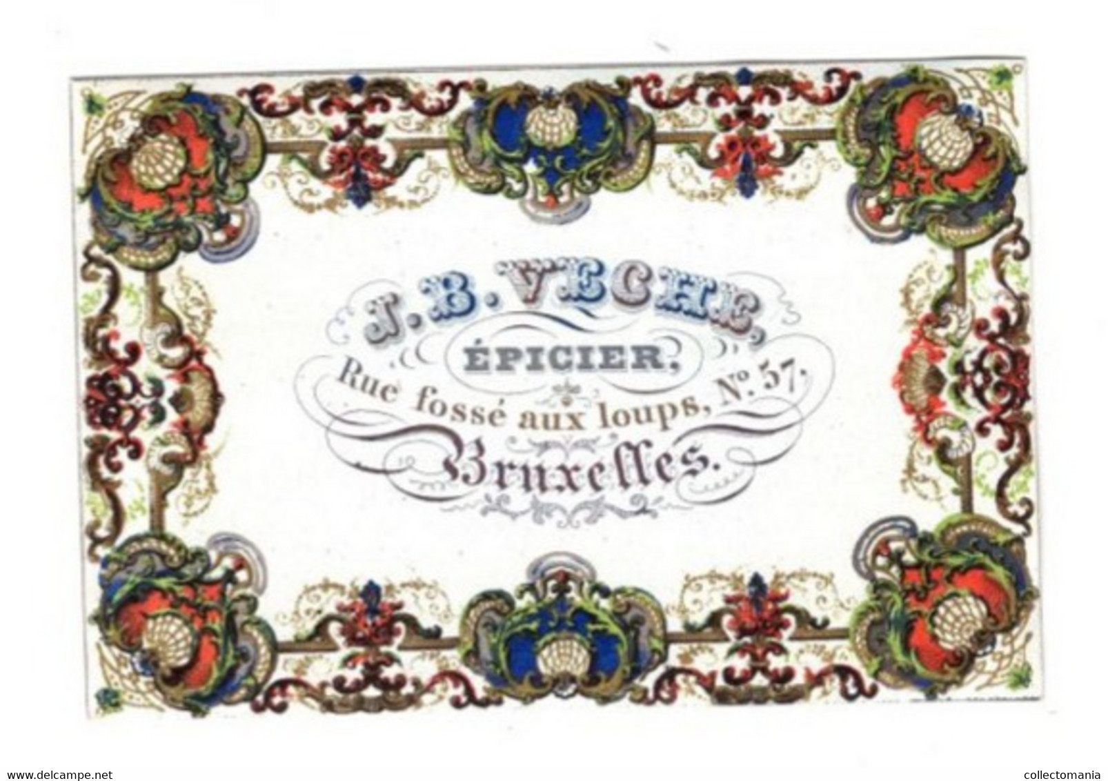 1845 Litho Handpers Visitekaart  J.B.Veche Epicier Rue Fossé Aux Loups Bruxelles Litho  10 X 6,5 Cm Bakkerij - Porcelana