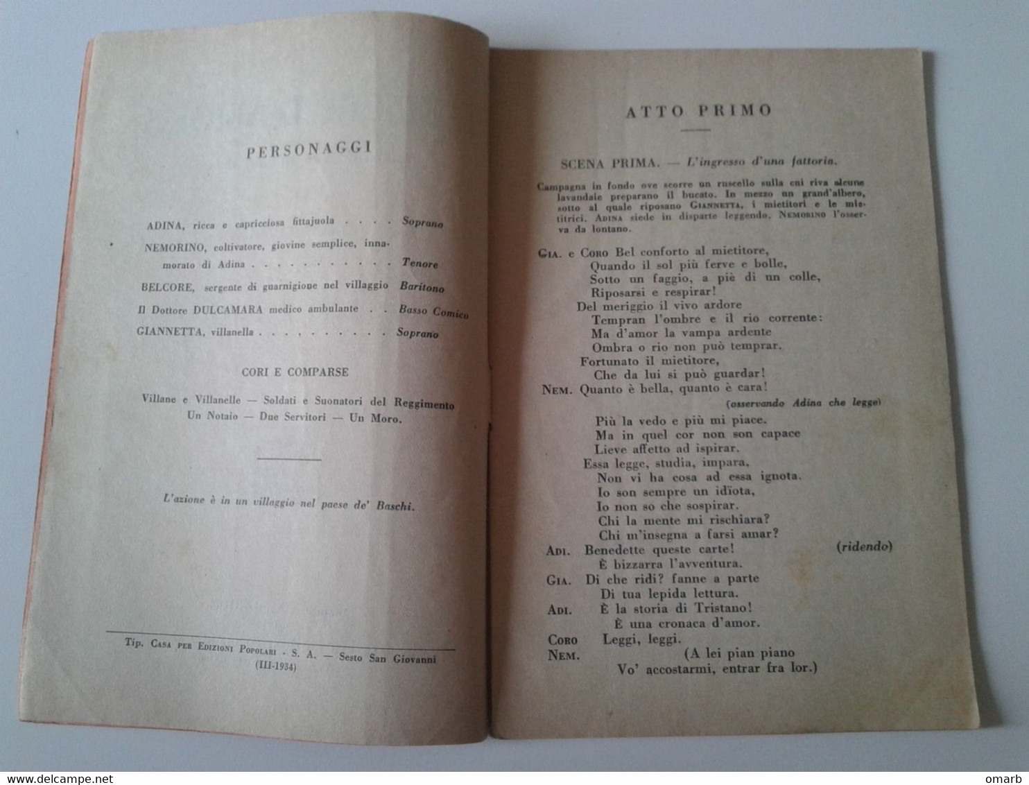 Lib461 Libretto Opera Lirica L'Elisir D'Amore Doninzetti Melodramma Felice Romani Casa Per Edizioni Popolari Barion 1934 - Teatro