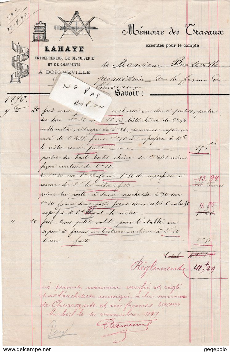 91 - BOIGNEVILLE - Mémoire Des Travaux De La Menuiserie LAHAYE Daté De 1896  ( 30 Cm X 19,5 Cm )   Rare - 1800 – 1899