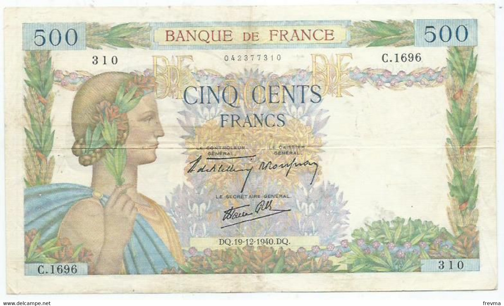 500 Francs La Paix  19-12 1940 DQ - 500 F 1940-1944 ''La Paix''