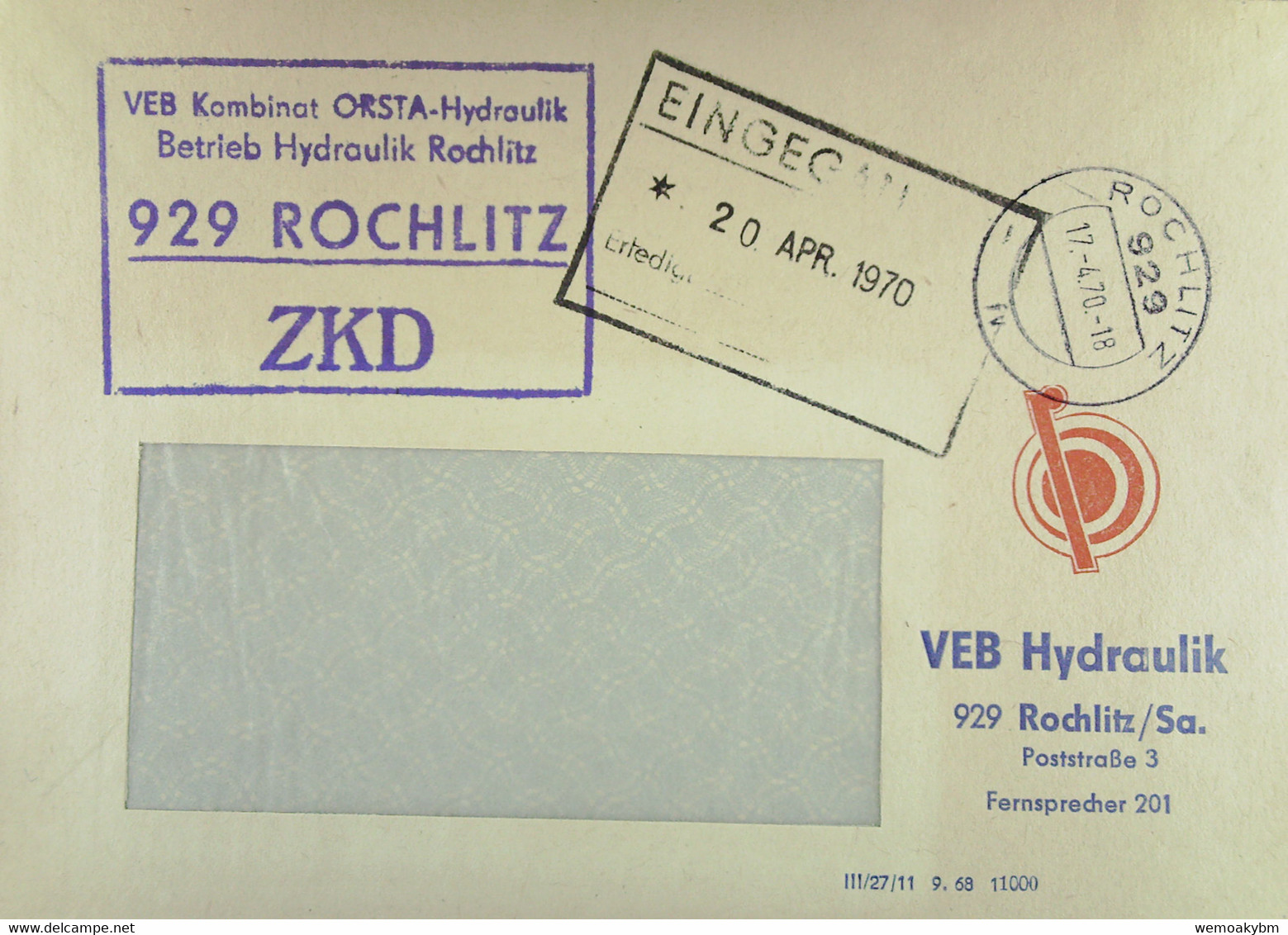 Fern-Brief Mit ZKD-Kastenstempel "VEB Kombinat OSTRA-Hydraulik Betrieb Hydraulik 929 ROCHLITZ" Vom 17.4.70 Nach Dresden - Cartas & Documentos