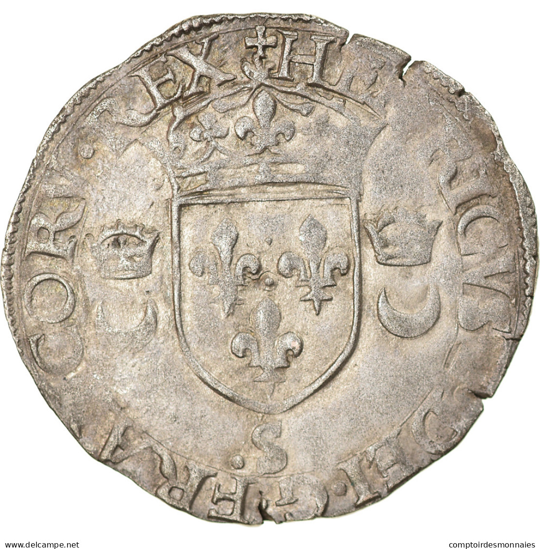 Monnaie, France, Henri II, Douzain Aux Croissants, 1555, Troyes, TTB, Billon - 1547-1559 Enrico II