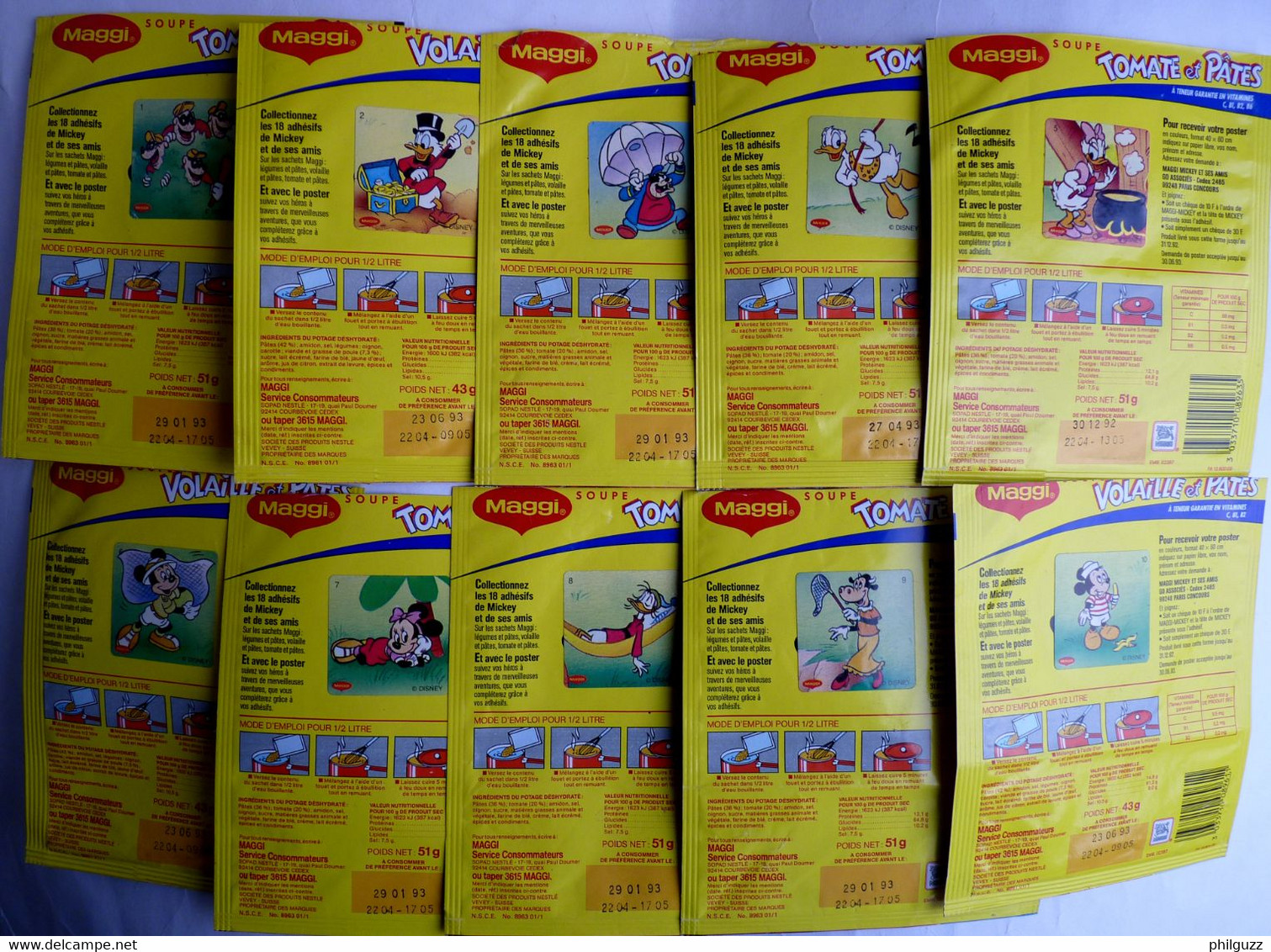 RARES 10 IMAGES CHROMOS PUBLICITAIRES AUTOCOLLANTES WALT DISNEY MICKEY MAGGI ENCORE SUR LEURS EMBALLAGES 1992 - Aufkleber