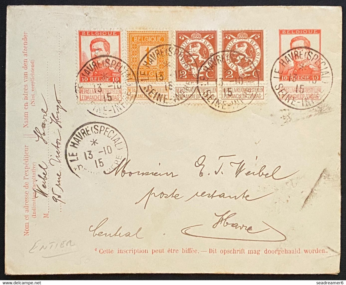 Belgique Entier Lettre 10c Albert 1er Rouge En Complément  N°108, 109(paire) & 123 Obl "Le Havre Special" Pas Commun !! - 1915-1920 Albert I.