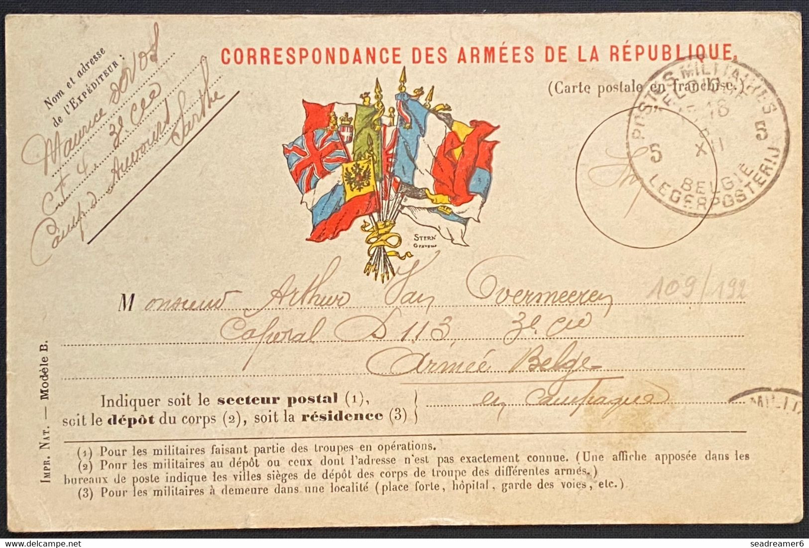 Carte Militaire Francaise En Franchise Ecrite En Flamand Du Camps D'Avours (sarthe) Pour Un Caporal En Campagne ! - 1915-1920 Alberto I