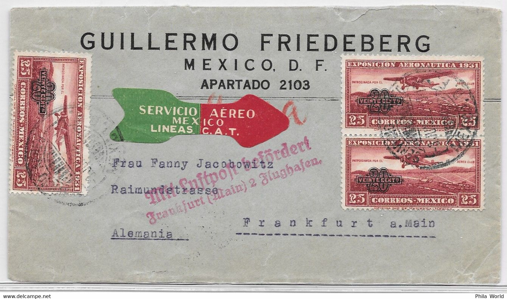 SERVICIO AEREO LINEAS CAT - 1932 MEXICO Air Mail Cover To Frankfurt GERMANY Via PARIS + LABEL And MIT LUFTPOST BEFORDET - Avions