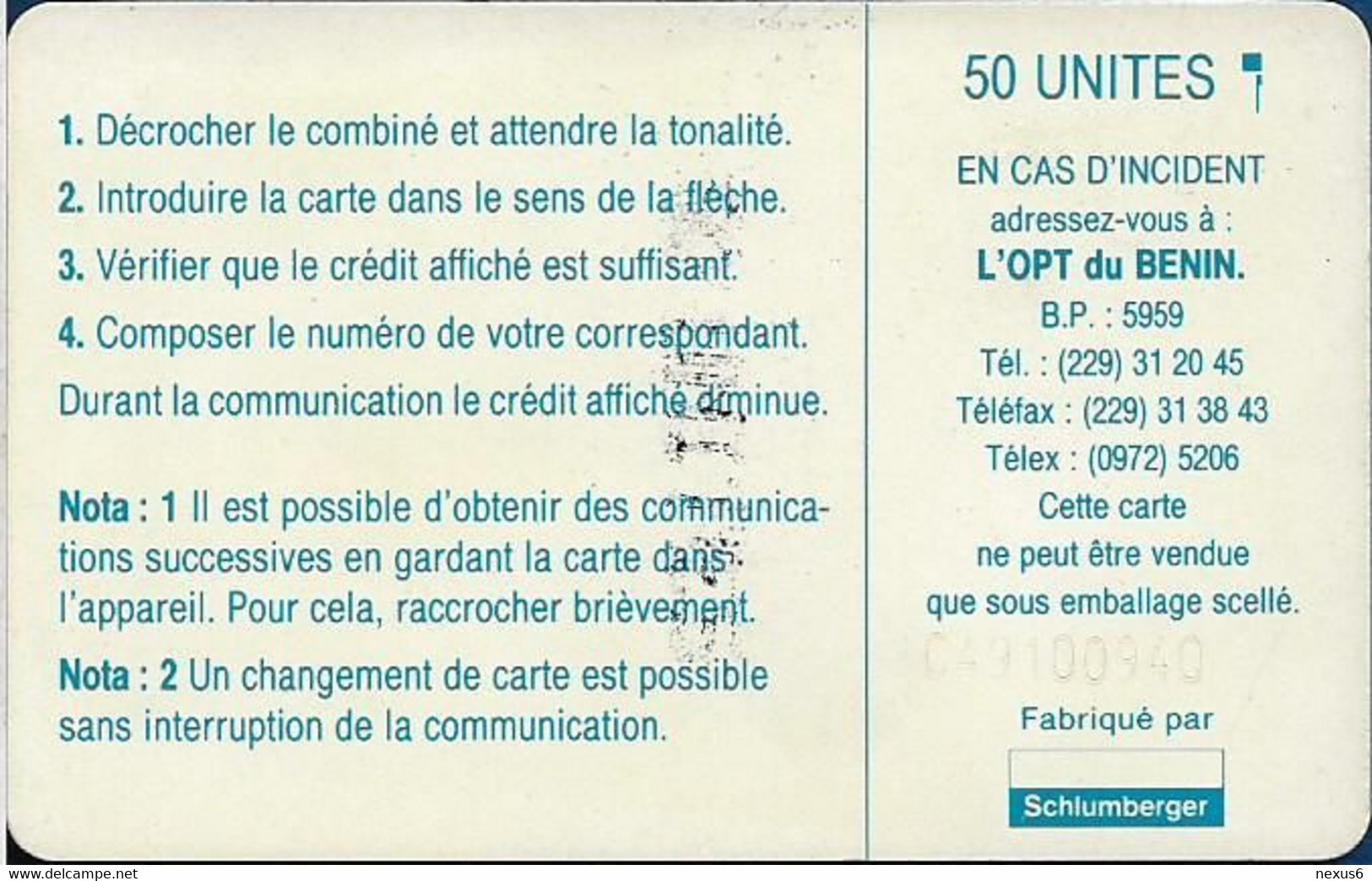 Benin - PTT (Chip) - Logo 50, Chip SC5 Afnor, Cn. C49100940 White, 50Units, Used - Bénin