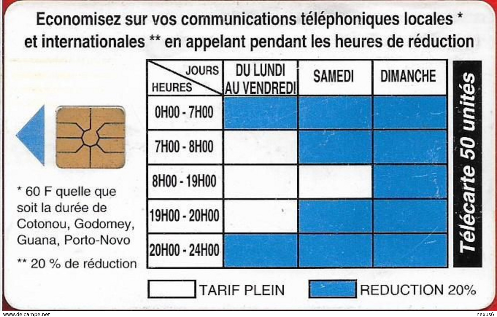 Benin - PTT (Chip) - Telephone Tariffs 1, Gem1A Symmetric Black, Exp.11.1994, 50Units, 100.000ex, Used - Bénin