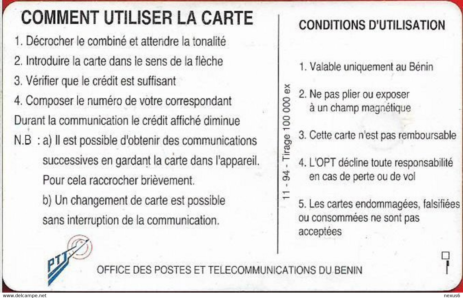 Benin - PTT (Chip) - Telephone Tariffs 1, Gem1A Symmetric Black, Exp.11.1994, 50Units, 100.000ex, Used - Bénin