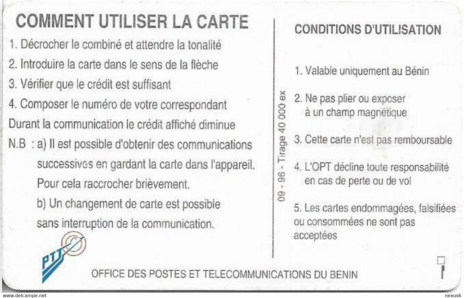 Benin - PTT (Chip) - Telephone Tariffs 2, Gem1A Symmetric Black, Exp.09.1996, 50Units, 40.000ex, Used - Bénin