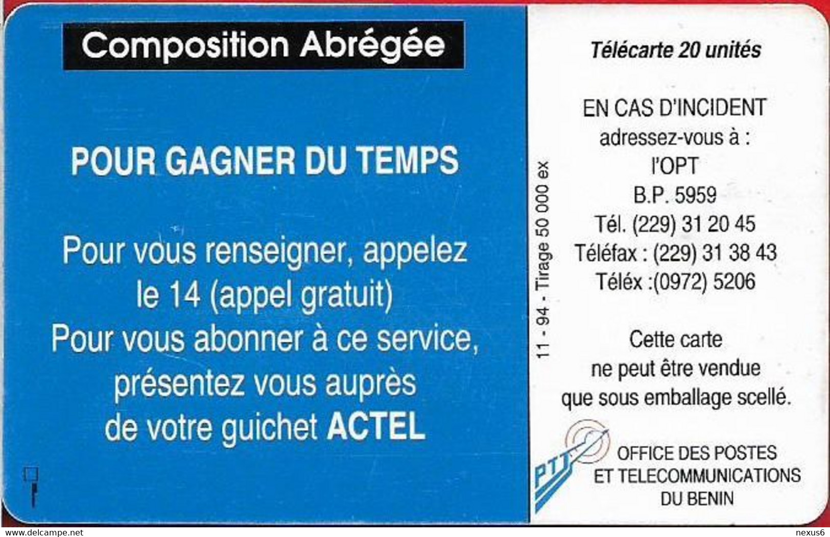 Benin - PTT (Chip) - Services Plus, Composition Abrégée, Gem1B Not Symm. Red, Exp.11.1994, 20Units, 50.000ex, Used - Benin