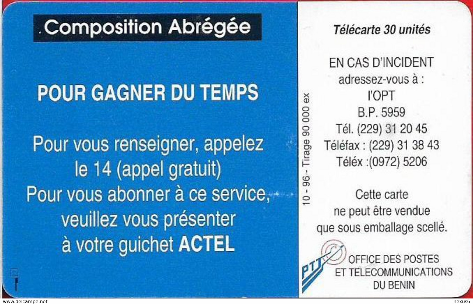 Benin - PTT (Chip) - Services Plus, Composition Abrégée, Gem1A Symm. Black, Exp.10.1996, 30Units, 90.000ex, Used - Benin