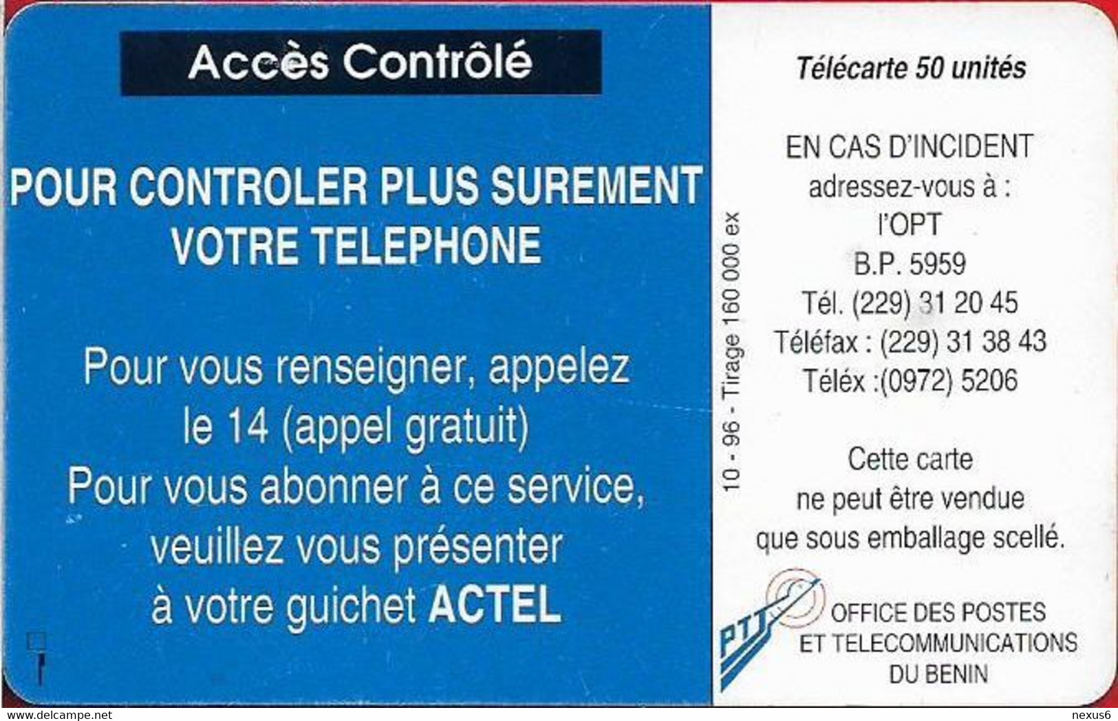 Benin - PTT (Chip) - Services Plus, Accès Contrôlé, Gem1A Symmetric Black, Exp.10.1996, 50Units, 160.000ex, Used - Bénin