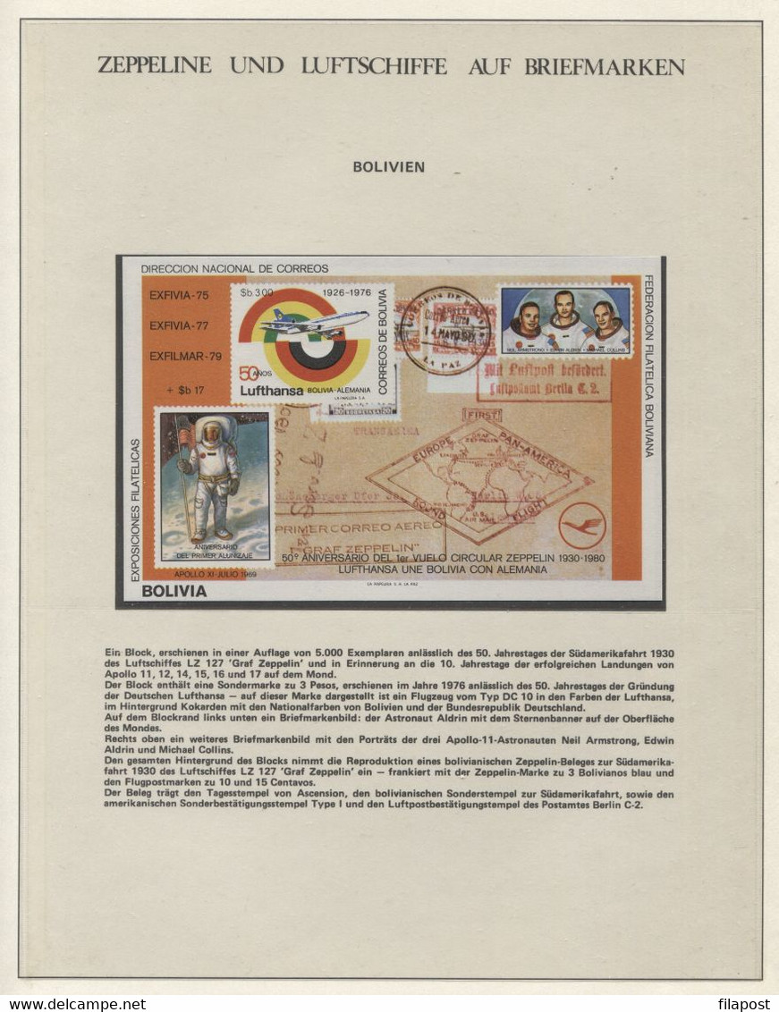 1980 America Bolivia Zeppelin Block, Zeppeline Und Luftschiffe Auf Briefmarken, Armstrong, The Moon, Airplane F - Bolivie