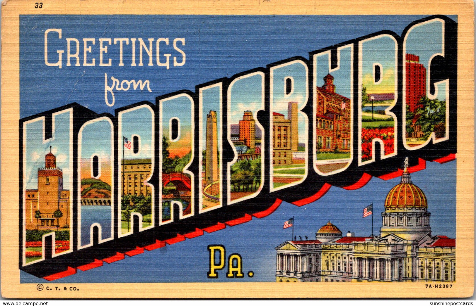 Pennsylvania Harrisburg Greetings Large Letter Linen 1943 Curteich - Harrisburg