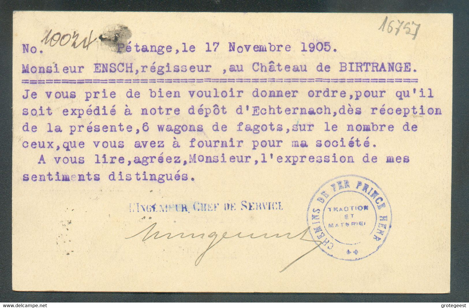 CHEMINS DE FER PRINCE HENRI Traction Et Matériel S/E.P. Carte 5c. Oblitération Griffe AMBULANT LONGWY-LUXEMBOURG 17-1105 - Stamped Stationery