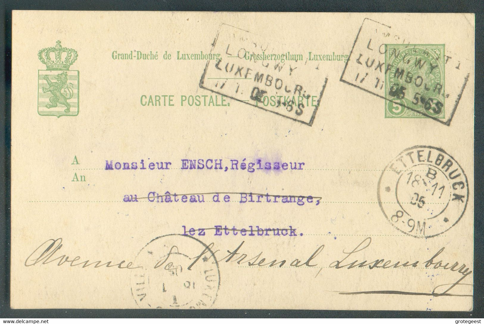 CHEMINS DE FER PRINCE HENRI Traction Et Matériel S/E.P. Carte 5c. Oblitération Griffe AMBULANT LONGWY-LUXEMBOURG 17-1105 - Stamped Stationery