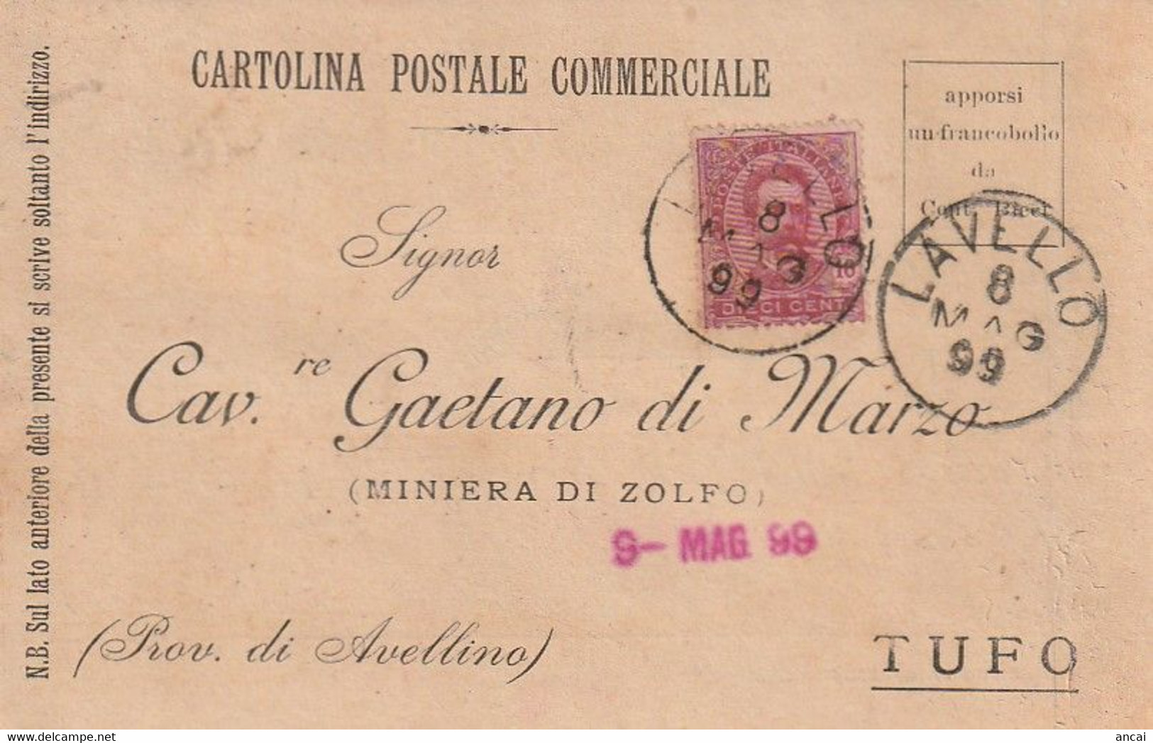 A31. Lavello. 1899. Annullo Grande Cerchio LAVELLO, Su Cartolina Postale Commerciale - Altri & Non Classificati