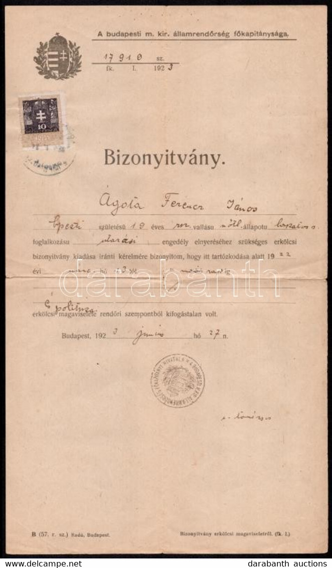 1923 Erkölcsi Bizonyítvány Izr. Vallású Személy Részére - Otros & Sin Clasificación