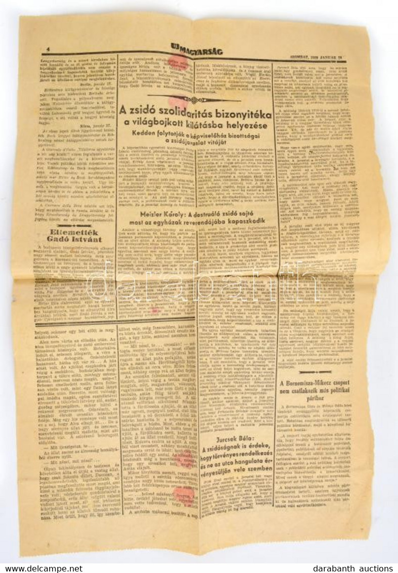 1939.I.28 Uj Magyarság Lap 3. és 4. Oldalból álló Töredéke, 4. Oldalon Több Zsidótörvénnyel Kapcsolatos írással: Hajtásn - Otros & Sin Clasificación