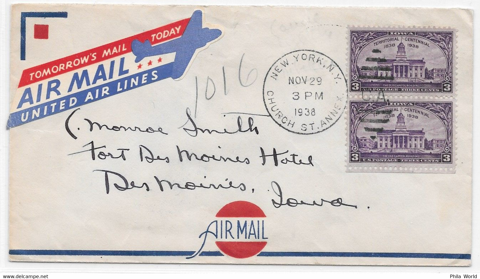 UNITED AIR LINES - 1938 US New-York Air Mail Cover To DES MOINES IOWA + Tomorrow's Mail Today LABEL - Aerei