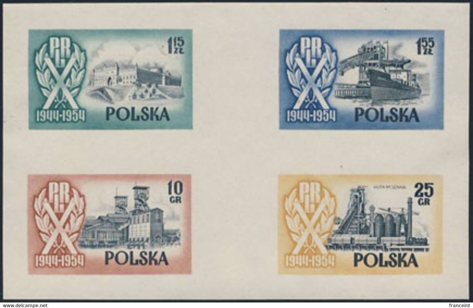 POLAND (1954) Coal Mine. Steel Mill. Lublin Castle. Ship Loading. Block Of 4 Ungummed Proofs Marked "WZOR". - Proeven & Herdruk