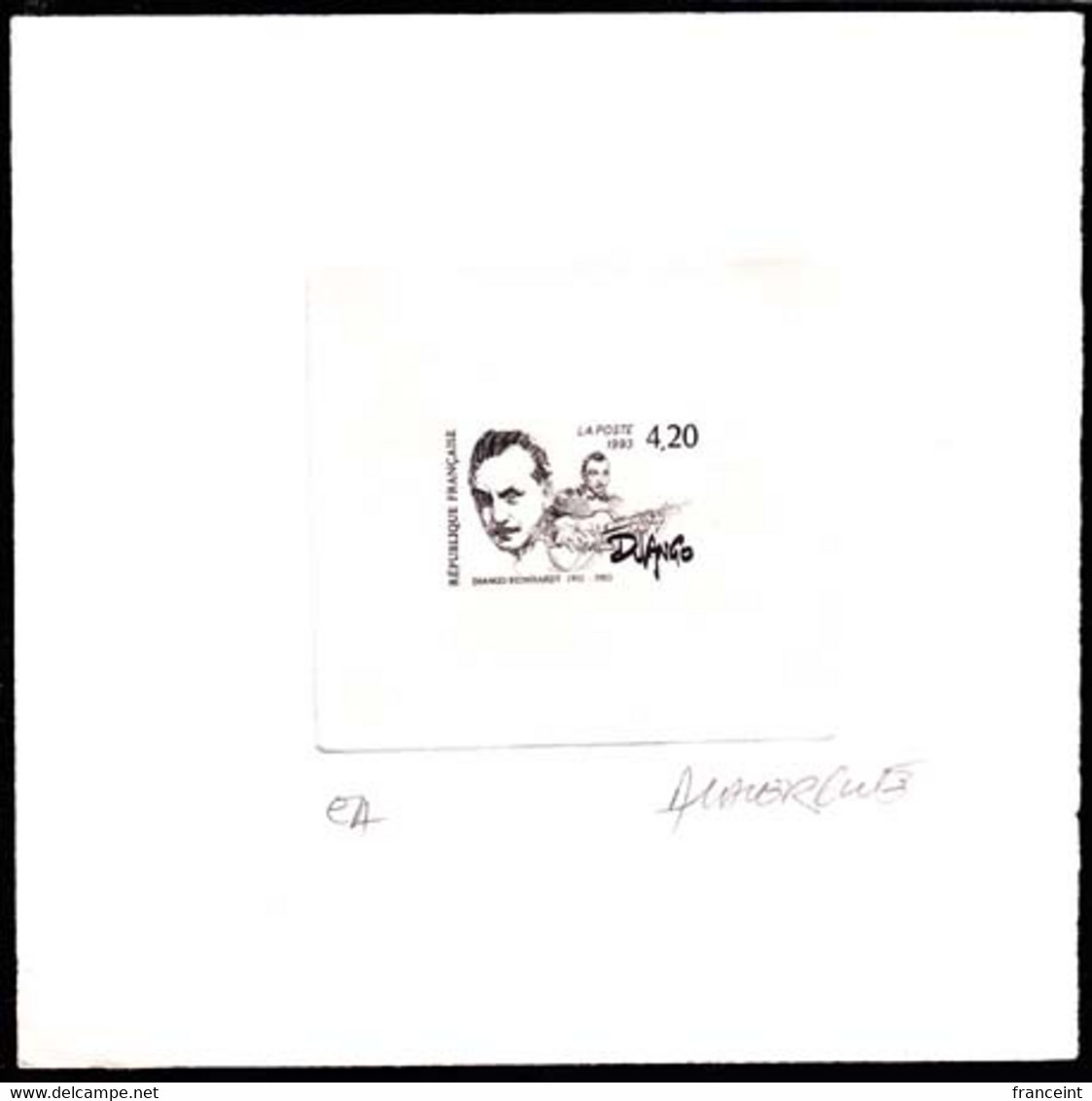 FRANCE (1993) Django Reinhardt Playing Guitar. Stage Die Proof In Black Signed By The Engraver LAVERGNE. Scott No 2360 - Artist Proofs