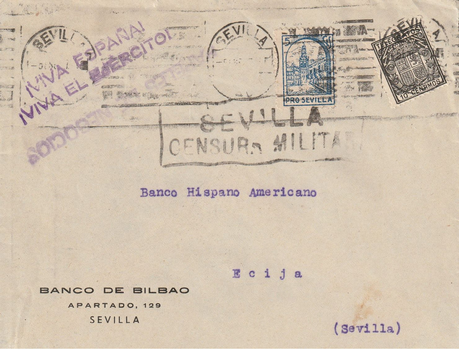 1937-CARTA-Edifil: TELEGRAFOS 69, SELLO LOCAL. SEVILLA A ECIJA. Llegada - Covers & Documents