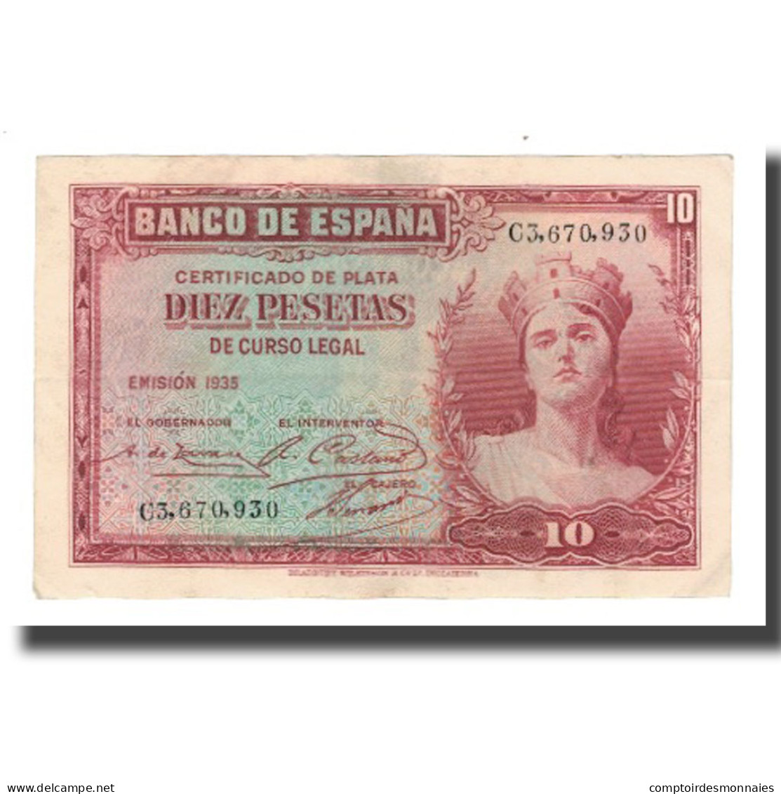 Billet, Espagne, 10 Pesetas, 1935 (1936), KM:86a, TTB - 10 Pesetas