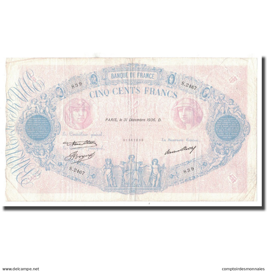 France, 500 Francs, 1936, 1936-12-31, TB+, Fayette:30.37, KM:66m - 500 F 1940-1944 ''La Paix''
